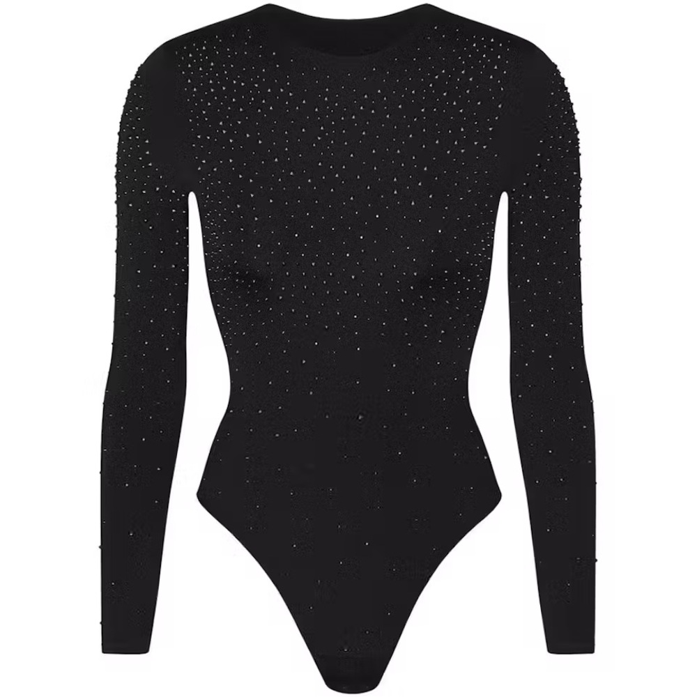 SKIMS x Swarovski Long Sleeve Crew Neck Thong Bodysuit - S Onyx (New)